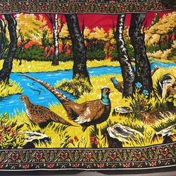 Vtg Velvet Wall Hanging Pheasant Bird Quail Tapestry 38x53 Camp Lodge Decor Hunt