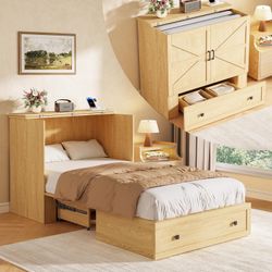 Murphy Bed with Built-in Charging Station, Space-Saving Murphy Bed Chest Twin with Drawer, Foldable, for Home Office Guest Room Bedroom,Natural