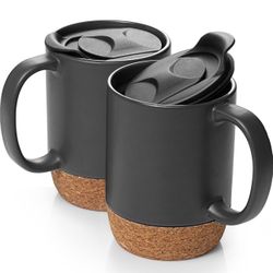 DOWAN Coffee Mugs, 15 oz Mug Set of 2, Large Ceramic Coffee Mug with Cork Bottom and Spill Proof Lid for Mom Dad, Big Mug for Latte Tea, Matte Grey