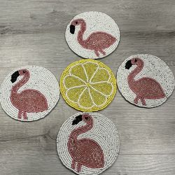 Vintage Flamingo Beaded Coasters With 1 Lemon Beaded Coaster, Set Of 5