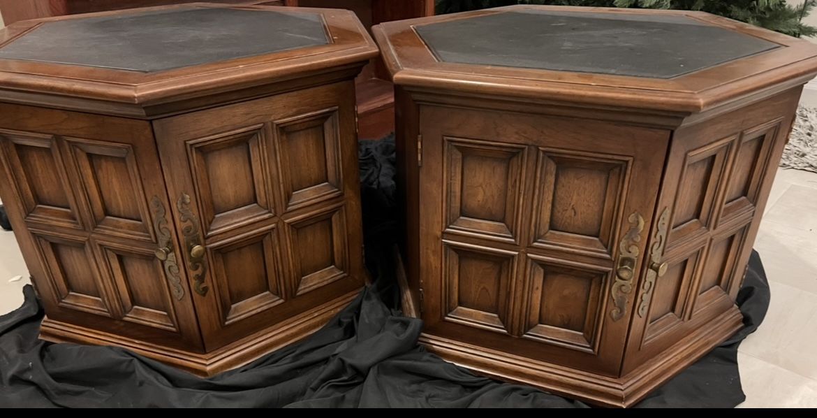 2 Vintage Heckman Furniture- end tables Hexagon with Slate Tops