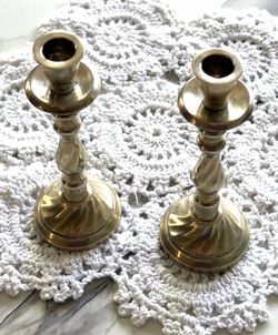 Solid Brass Candlestick Holders Pair of 2, Twisted Swirl Stem & Base Design-Vintage