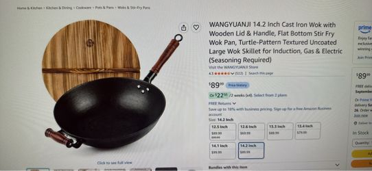 WANGYUANJI 14.2 Inch Cast Iron Wok with Wooden Lid