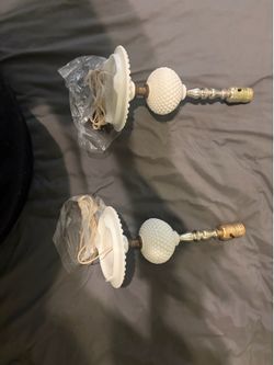 Pair White Hobnail Milk Glass Table Lamp Bases Silver Metal Stem, Switch