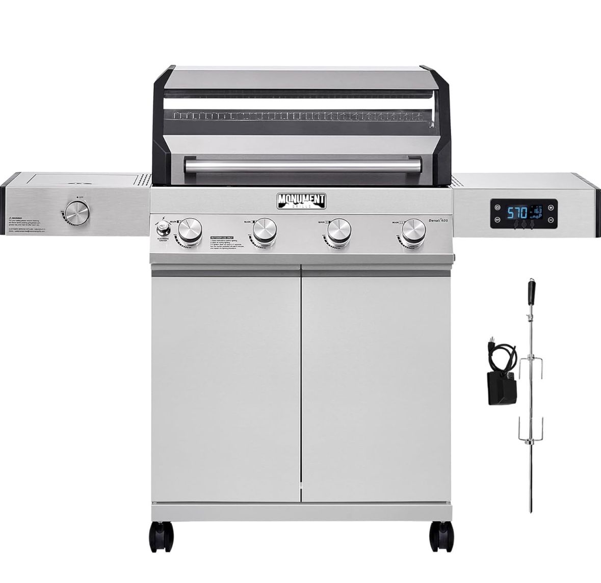 Monument Grills Denali 405 4-Burner Liquid Propane Gas Smart bbq Grill Stainless Steel with Rotisserie Kit