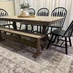  ❤️ Farmhouse table bench 5 chairs black brown dinning comedor farm style dinner dining set rustic boho 