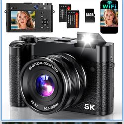 5K Digital Camera, 64MP Cameras for Photography with 6X Optical Zoom & Autofocus, WiFi Vlogging Camera for YouTube Video, Dual-Lens, 2 Batteries, 64GB