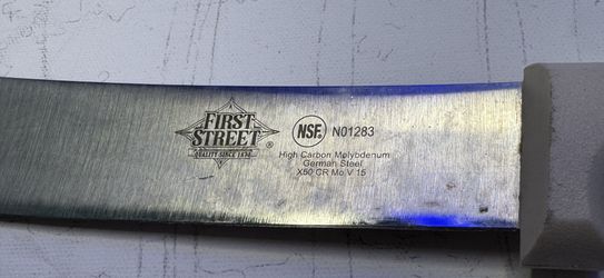 Brand: First Street Knife type: Butcher knife/cimeter Blade material: High-carbon German steel X50 Cr Mo V 15 with added molybdenum and vanadium, whic