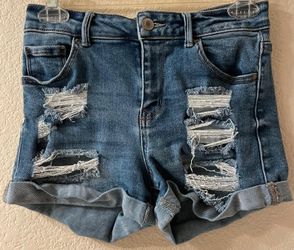 Distressed Denim Jean Shorts, Size S