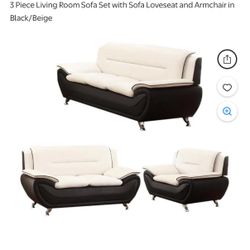 3 Piece Living Room Sofa Set with Sofa Loveseat and Armchair in Black/Beige