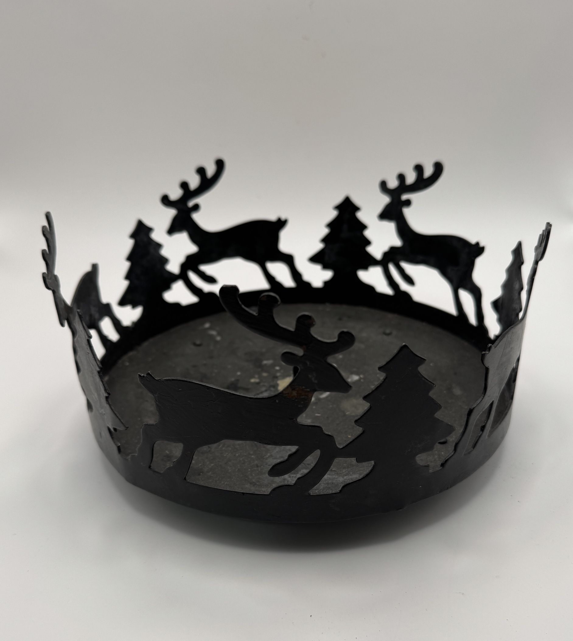 Metal Cut Candle Holder With Silhouette Of Trees, Deer - 8”