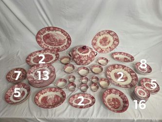 Vintage 80-Piece Wood & Sons "English Scenery" Red / Pink Transferware Dinner Set