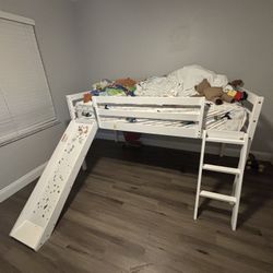 Twin Bunk Bed with Slide, Floor Loft Bed with Climbing Ladder
