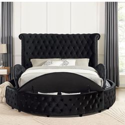Brand New Plush Black Velvet Queen Size Storage Platform Bed Frame