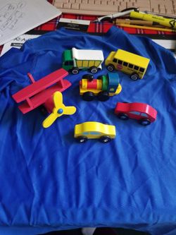 Wooden Cars/ Airplane/ Train/ Trucks Vintage (Lot Of 6)