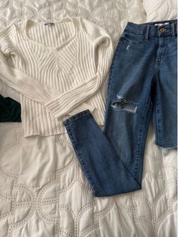 High wasted jeans, long sleeve shirt
