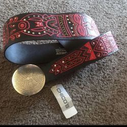 Huge Chico's Idol Tiki Sequin Leather Women's Belt Black With Red size large L n