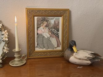 Vintage Hand Stitched Needlepoint Wall Art – Mother & Children – Ornate Gold Frame – Cottagecore Nursery Decor – 13x16