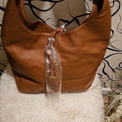 Brown Hobo Shoulder Bag Pebble Finish Tassel Accent Tie Closure Classic 