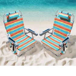 New in box , 2 pieces , 5-Position Aluminum Lay Flat Tall Backpack Beach Chairs 2 Pack, Compact Portable Beach Chairs for Adults with Cooler Pouch, St