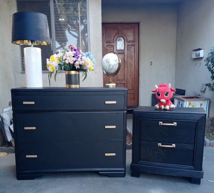 Dresser With 3 Large Drawers+ 2 Drawer Nightstand - Both Solid Wood - Black With Gold 