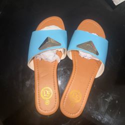 Blue Flat Slide Sandals with Metal Detail