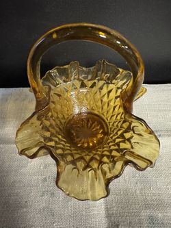 Vintage Amber Glass Ruffled Basket 