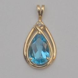 10K Yellow Gold Blue Topaz & Diamond Teardrop Pendant 2.1g P6