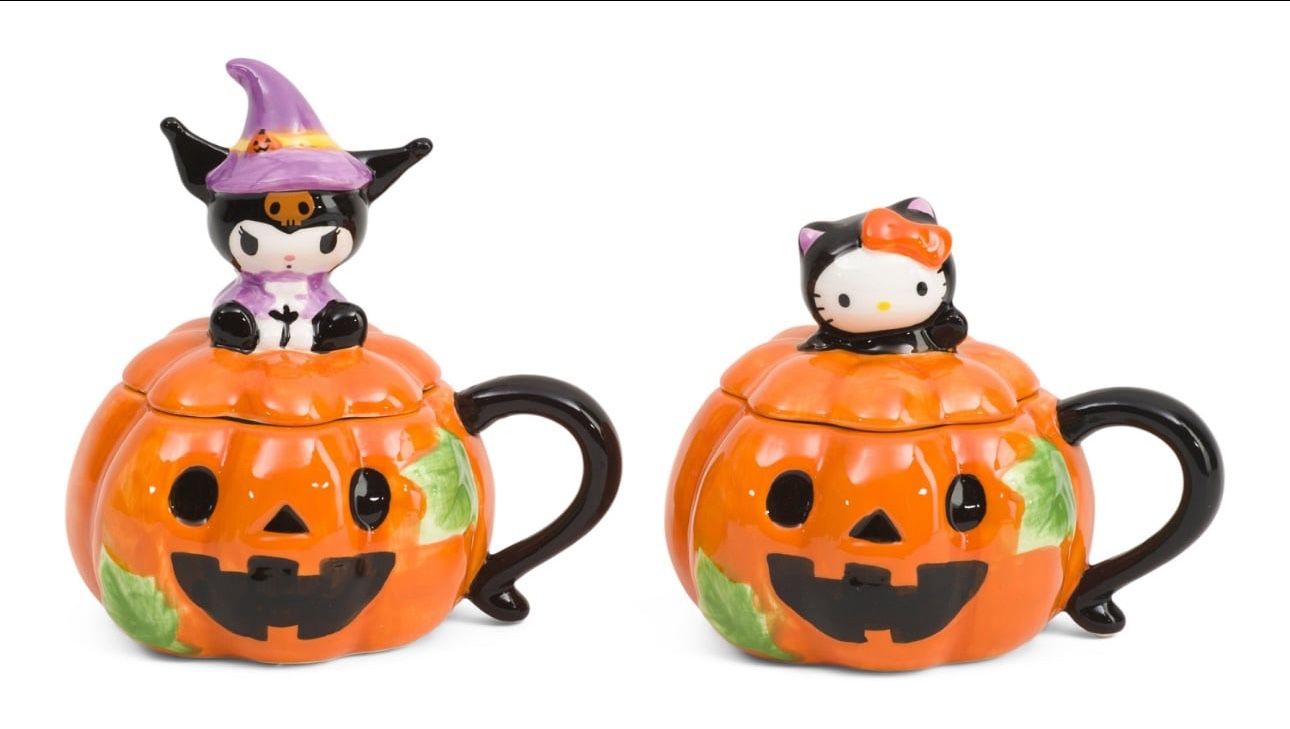 Hello Kitty & Kuromi Halloween Pumpkin Mugs – 2pc Ceramic Gift Set – New in Box
