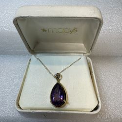 14KT Yellow Gold Pear Amethyst Pendant Necklace 18” Long