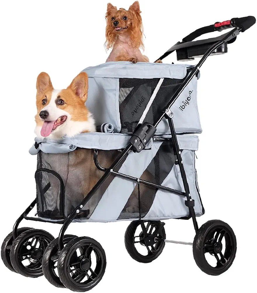 4 Wheel Double Pet Stroller for Dogs and Cats, Great for Twin or Multiple pet Travel (Silver Grey)
