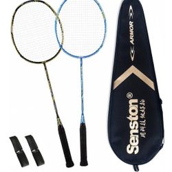 100% Full Carbon Fiber Badminton Racket Set 2 Graphite Badminton Racquet + 17ft Portable Badminton and Tennis Net with Poles & Carrying Bag