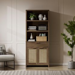Bookcase, 71" Tall Bookshelf 5 Tier Rattan Boho Bookcase with Doors and Storage Cabinet, Large Wooden Book Case Farmhouse Bookshelf Library Book Shelv
