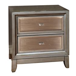 2 Contemporary Solid Wood Night Stand With Mirrored Drawers, Silver Tinted, Beveled,
