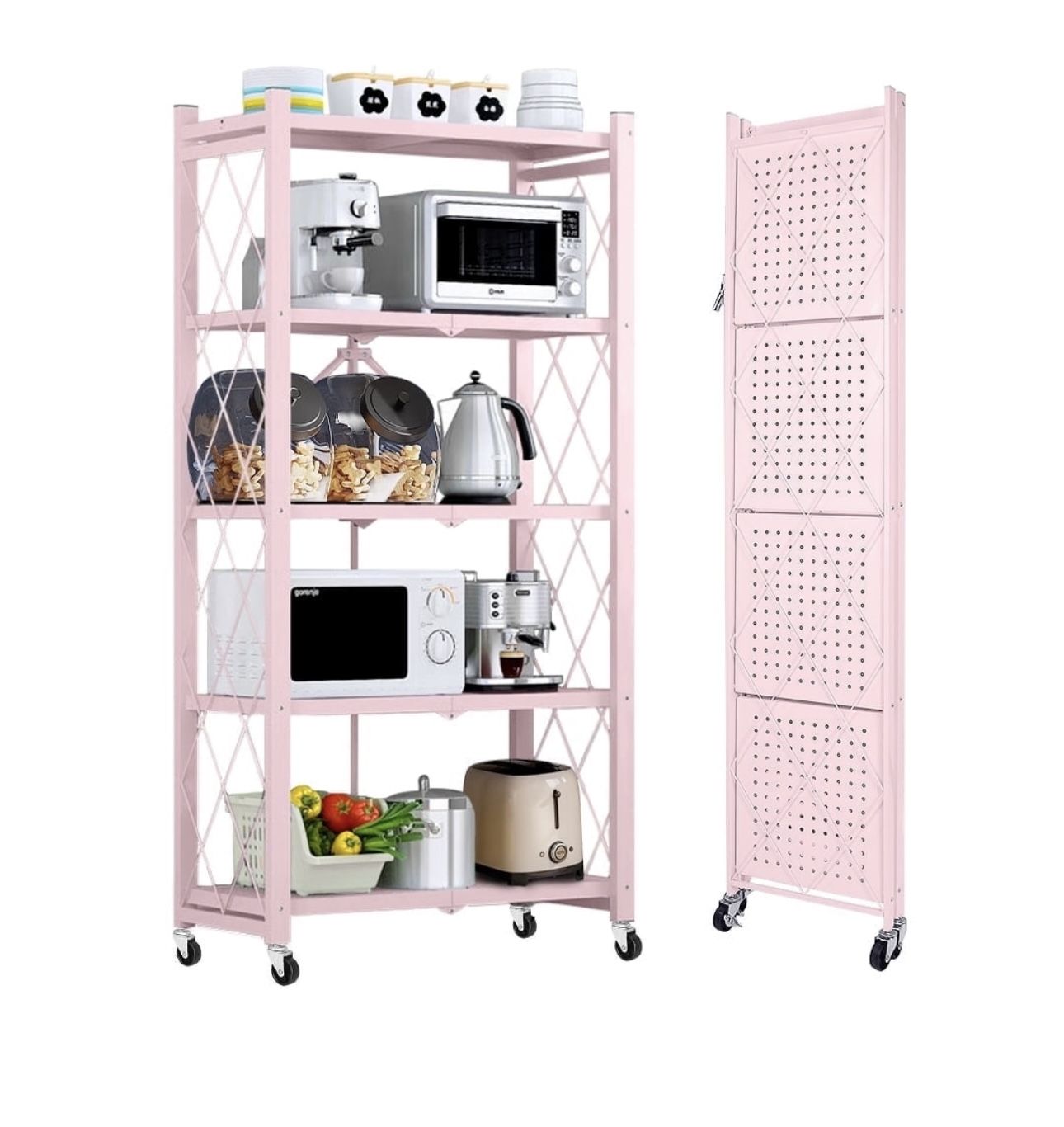 COOKCOK 5-Tier Storage Shelving Unit, Metal Shelf 27.9"x13.4"x62.5, Foldable Storage Shelf with Wheels, Garage Shelf, Kitchen Shelf with 4 Hooks, No A