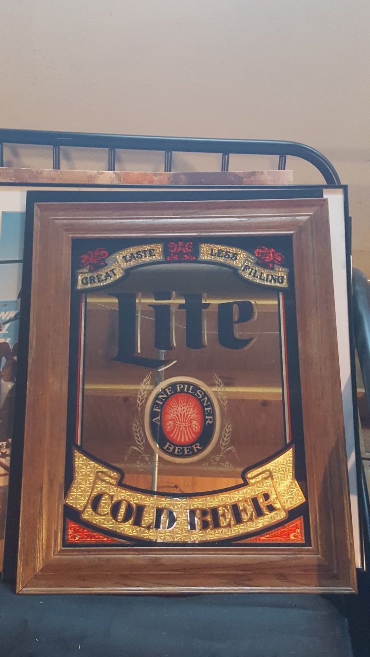 1980 Miller Lite mirror beer sign with wooden frame