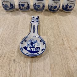 💙 Vintage Blue & White Windmill Spice Jars & Solvang Spoon Rest Set 💙