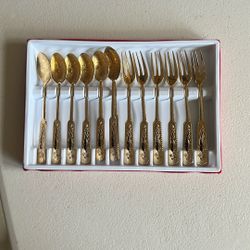 Vintage Gold-Tone Dessert Fork & Spoon Set (12pc) in Case