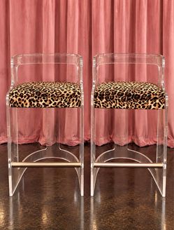 Lucite Bar Stools with Leopard Print Seats – Set of 2