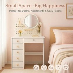 Round Mirror Dressing Table ,Vanity Desk with with Open Organizer , Perforated Board Design, Style Changeable Dressing Table