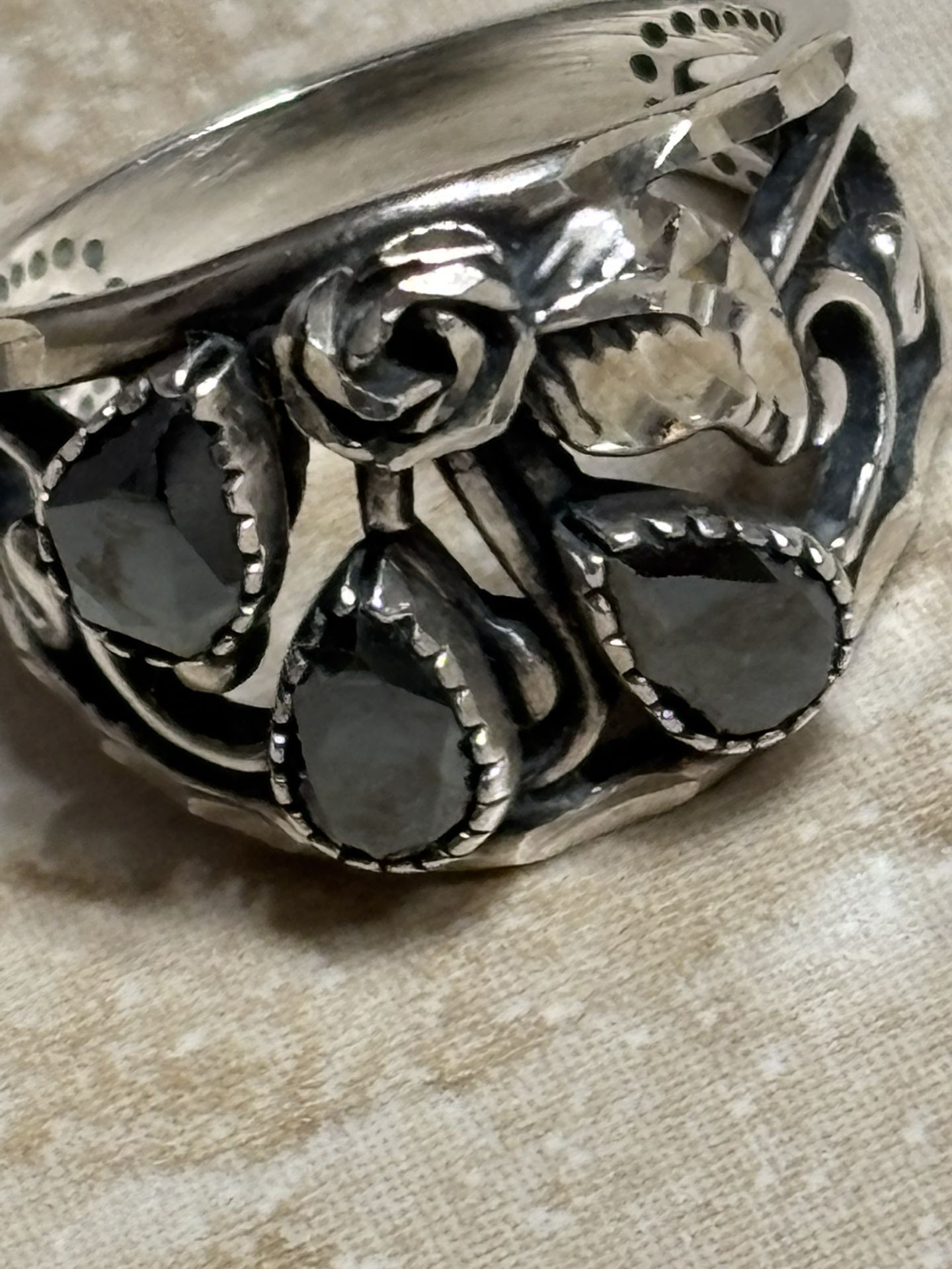 Sterling Silver 925 Ring With Black Stones
