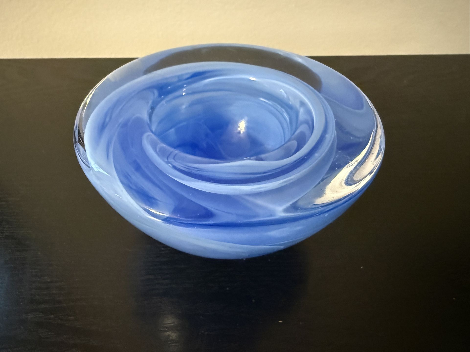 Vintage Kosta Boda Sweden Atoll Votive Swirl Blue White Glass Bowl