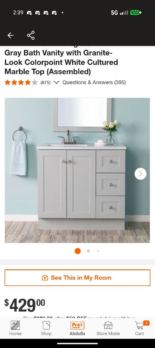 Glacier Bay
Bannister 37 in. Single Sink Pearl Gray Bath Vanity with Granite-Look Colorpoint White Cultured Marble Top (Assembled)