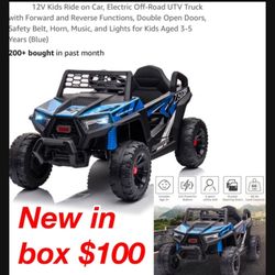 New in box Kids Ride on Car UTV Truck Blue 12V, Electric, Off-Road, Forward and Reverse Functions, Double Open Doors, Safety Belt, Horn, Music, Lights