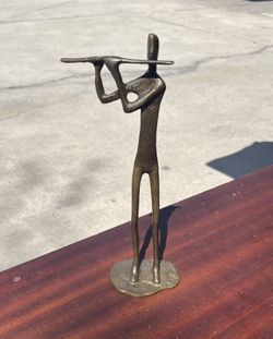 Vintage Brutalist-style Bronze or Solid Brass Flautista Musician Patinated Decorative Collectible Figure 