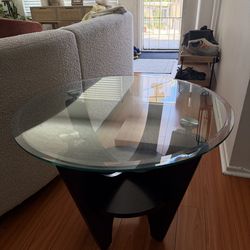 Modern Round Glass Side Table – Sculptural Wood Base (Mid Century Style)