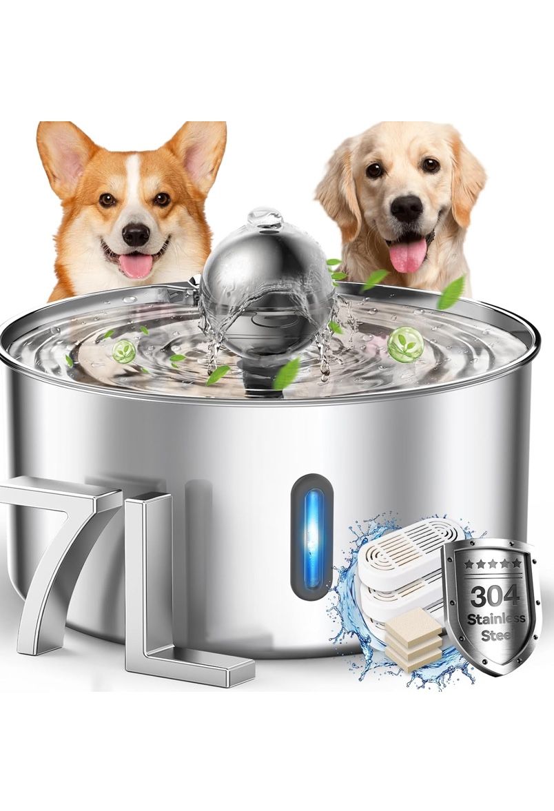 Dog Water Fountain,7L/1.8Gal/236oz Stainless Steel Dog Water Bowl Dispenser,Auto Pet Water Fountain with Spherical Fountain Spout,Ultra-Quiet Pump,5-L