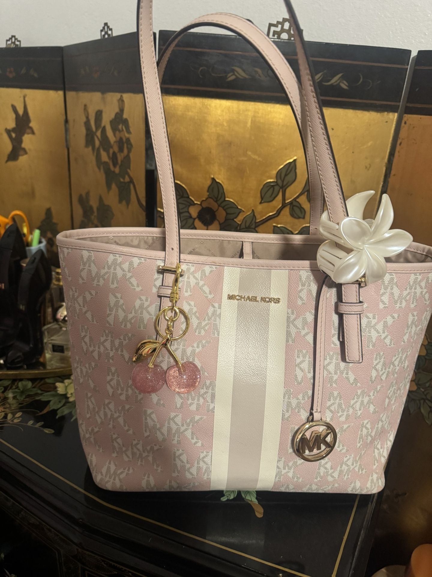 Michael Kors MK Stripe Jet Set Travel Carryall Tote Blush