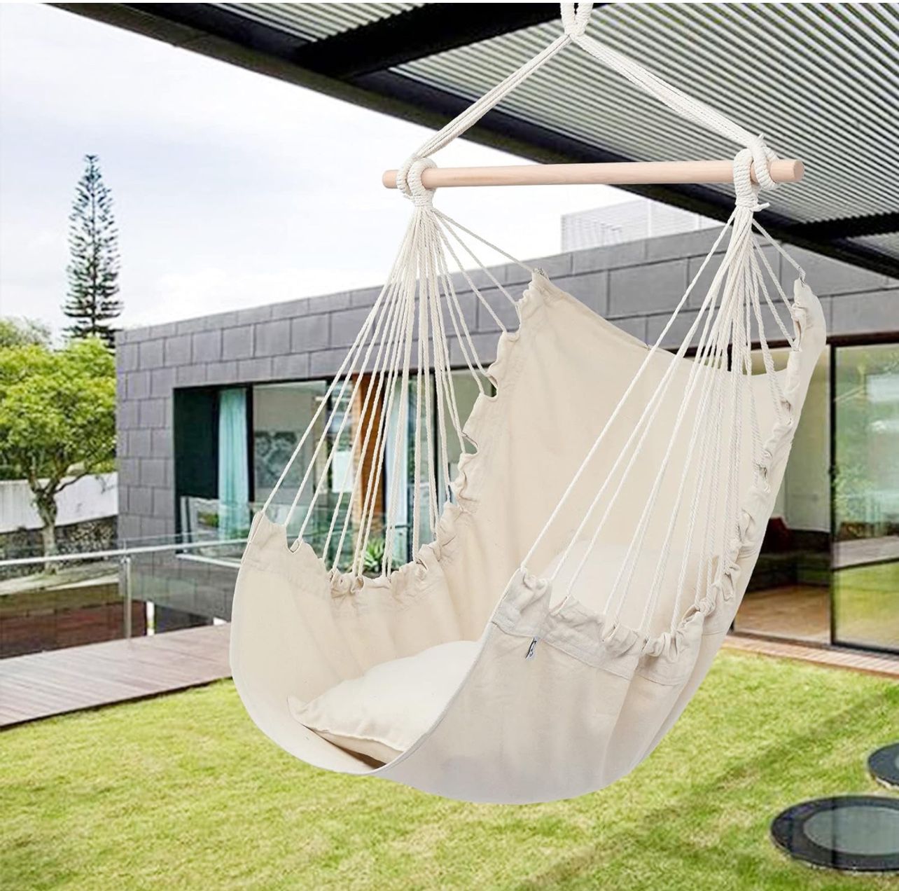 ONCLOUD Hanging Rope Hammock Chair Swing Seat for Yard, Bedroom, Patio, Porch, Indoor/Outdoor - 2 Seat Cushions Included (Beige)