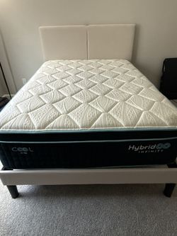 Full Size Cool Icon Hybrid Infinity Mattress ($1800 Retail) + Upholstered Frame w/ USB – Like New